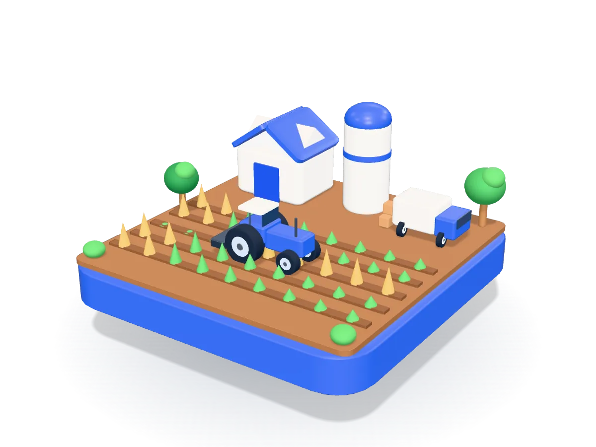 A blue tractor working rows of young crops in brown furrows, with a farmhouse, a silo and a delivery van on the farm road.