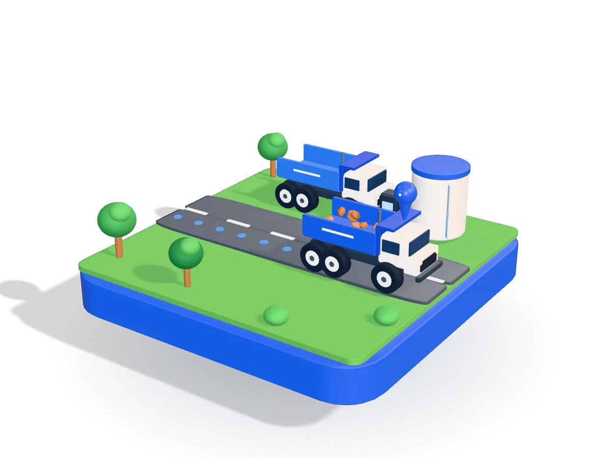 Two blue trucks on a road across green land, one driving its route and one filling up at the depot's fuel tank, with trees around.