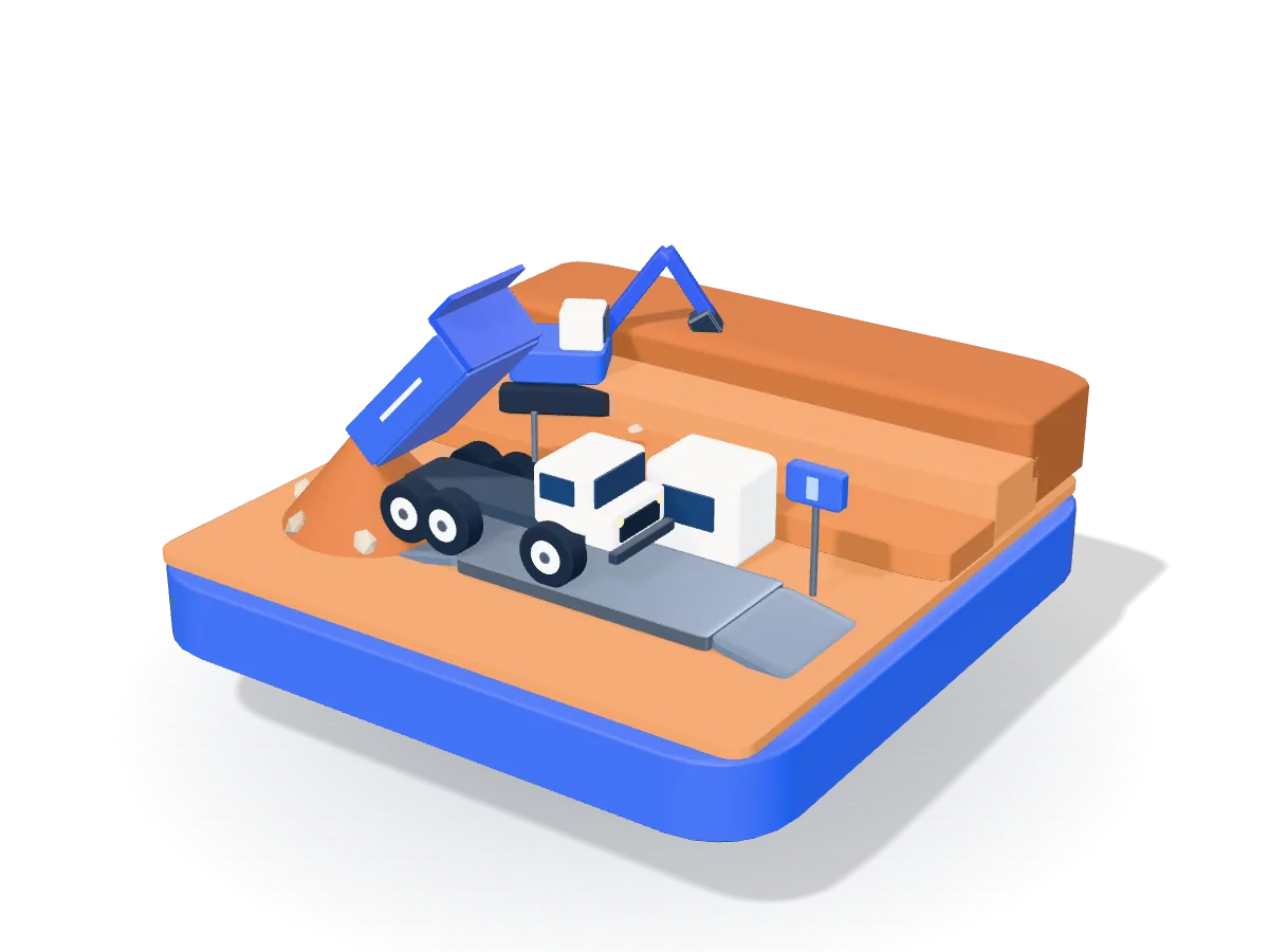 A blue dump truck tipping red earth onto a stockpile beside a weighbridge, with an excavator on the quarry benches behind.