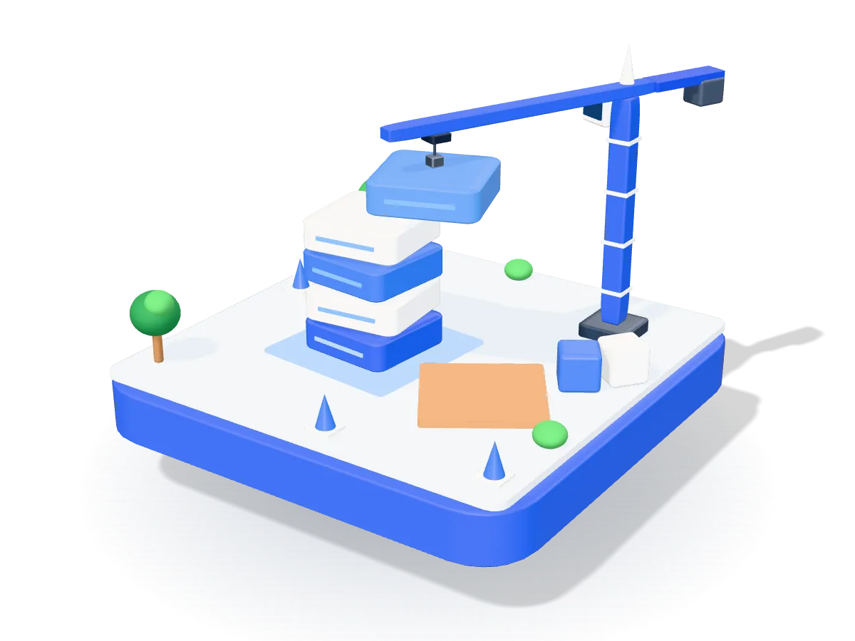 A tower of blue and white blocks on a glowing blue foundation, with a blue crane lowering one more block onto the top.